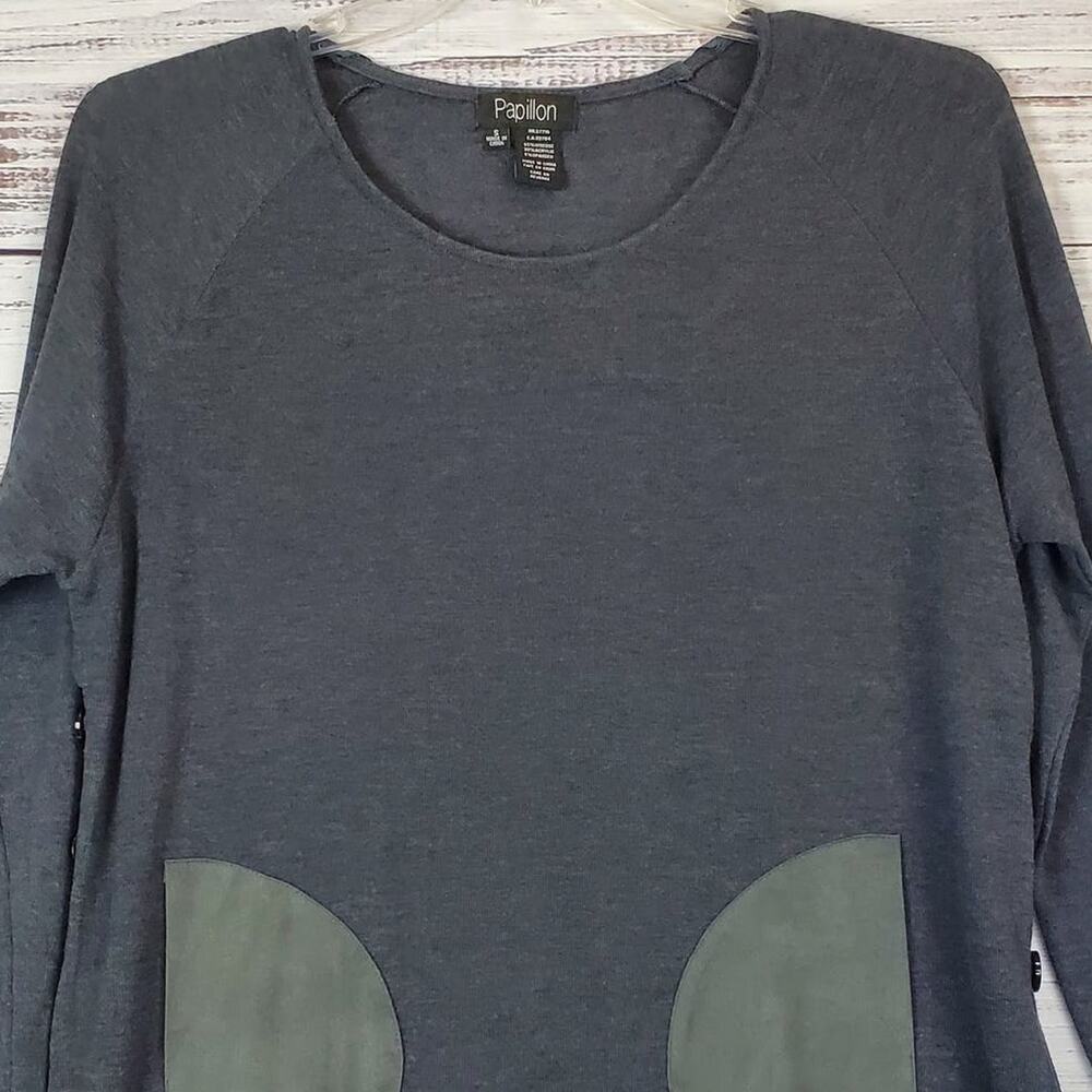 Papillon Heather Gray Blanc Top S Long Sleeve Light Pullover Side Button Detail - Picture 5 of 12